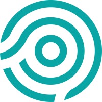Abstract teal circular spiral emblem on white background.