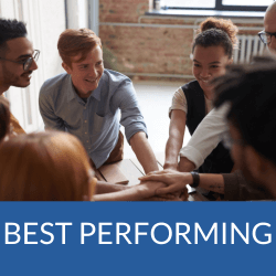 Diverse group of coworkers sharing a team huddle, hands stacked in the center; blue banner at bottom reads BEST PERFORMING.