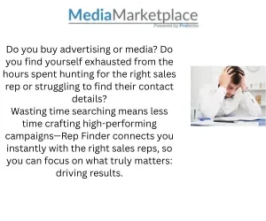 Informational MediaMarketplace banner about buying advertising; text describes exhaustion from finding sales reps and contact details; stressed man at a desk.