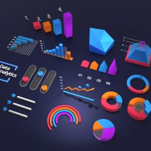 Colorful 3D data analytics scene with charts, graphs, and donut charts illustrating data insights on a dark background.
