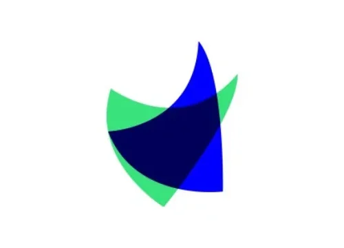 Abstract geometric logo with overlapping blue and green curved shapes on a white background; conveys a modern tech/creative brand identity.