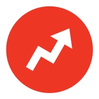 White upward-trending arrow on a red circular background, signaling growth or increase.