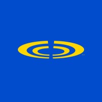 Logo with yellow circular orbit rings on a solid blue background.