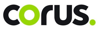 Corus logo: bold black wordmark with a lime-green O and trailing lime-green dot