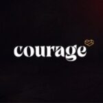 Logo wordmark: the word "courage" in bold white type on a dark background, with a small gold heart icon in the top-right corner.