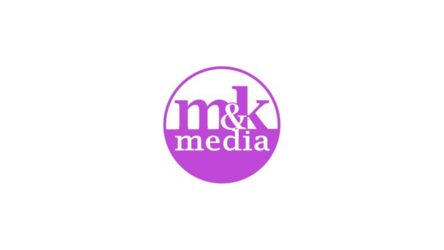 Circular purple logo with white 'm&k media' wordmark inside a rounded circle.