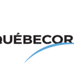 Québecor logo: bold black wordmark with a blue curved swoosh beneath.