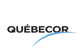 Québecor logo: bold black wordmark with a blue curved swoosh beneath.