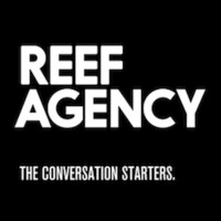 Reef Agency logo in bold white letters on black, with the tagline 'The conversation starters'