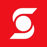 White abstract emblem on a red square background, resembling an S formed by curved shapes.