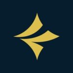 Gold abstract four-point star logo on a dark navy background.