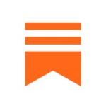 Orange bookmark icon with two short horizontal lines above a pointed bottom. Used to denote saving or bookmarking content.