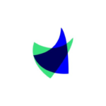 Abstract shield-shaped logo with overlapping blue and green curved shapes.
