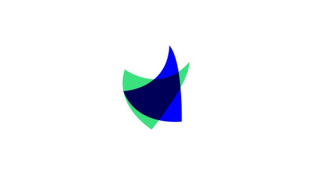 Abstract shield-shaped logo with overlapping blue and green curved shapes.