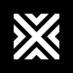 White abstract logo on a black square background featuring interlocking diagonal lines forming an X shape.