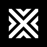 White abstract logo on a black square background featuring interlocking diagonal lines forming an X shape.