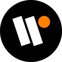 Logo with two white slanted bars and an orange dot inside a black circle.