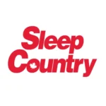 Sleep Country logo in red italic text on white background, with a maple leaf motif inside the 'o'.