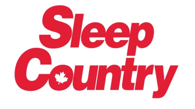 Sleep Country logo in red italic text on white background, with a maple leaf motif inside the 'o'.