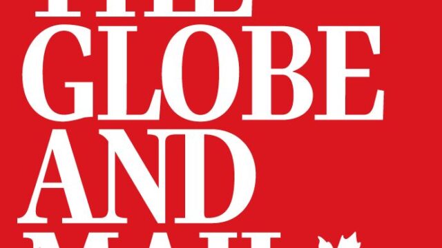 Logo for The Globe and Mail on a red background with a white maple leaf