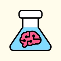 Erlenmeyer flask with blue liquid and a pink brain inside, symbolizing brain research or neuroscience.
