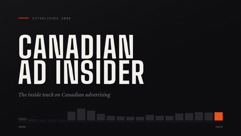 Dark poster banner for Canadian Ad Insider with bold white title, italic subtitle, and timeline bars at bottom across a black background and orange end marker? but without question marks