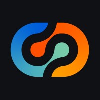 Abstract logo with two looping ribbons in blue, teal, and orange on a dark background.