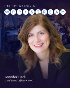 Portrait of Jennifer Carli, Chief Brand Officer at BMO, smiling with a cityscape backdrop and 'I'm speaking at WPP Stream' text above.