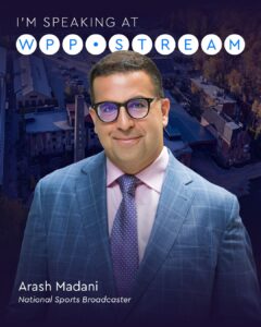 Promotional portrait of Arash Madani, National Sports Broadcaster, in a blue suit, with 'I'm speaking at WPP Stream' in the background.