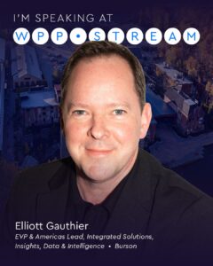 Head-and-shoulders portrait of Elliott Gauthier with a dark purple backdrop reading 'I'm speaking at WPP Stream' behind him, indicating a speaking engagement.