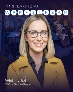 Portrait of Whitney Bell, CMO of Toronto Tempo, smiling in a mustard jacket; promo text announces her talk at WPP Stream.