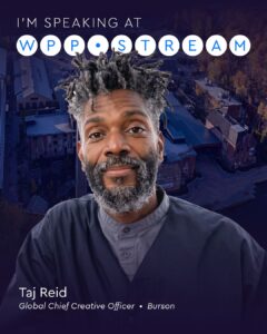 Promotional banner featuring Taj Reid announcing he's speaking at WPP Stream, with a cityscape backdrop and bold text above him.
